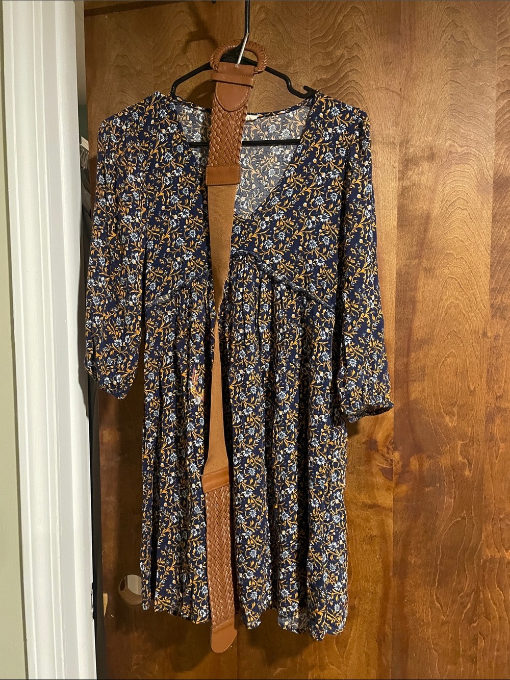 Floral Navy and Mustard Maxi Dress - V-Neck Long Sleeve